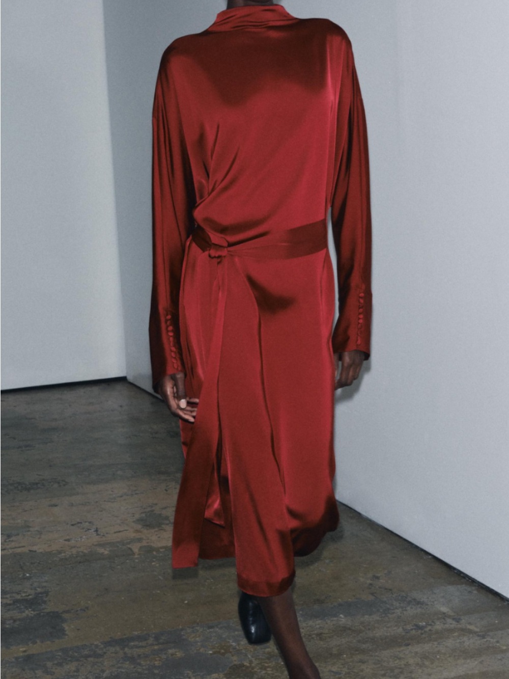Zara Red Satin Long-Sleeve Draped Midi Dress